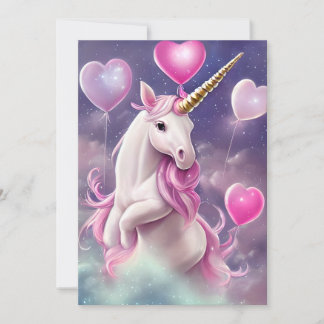 Birthday Girl Fantasy Unicorn with Pink Balloons Holiday Card