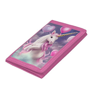 Birthday Girl Fantasy Unicorn with Pink Balloons Tri-fold Wallet