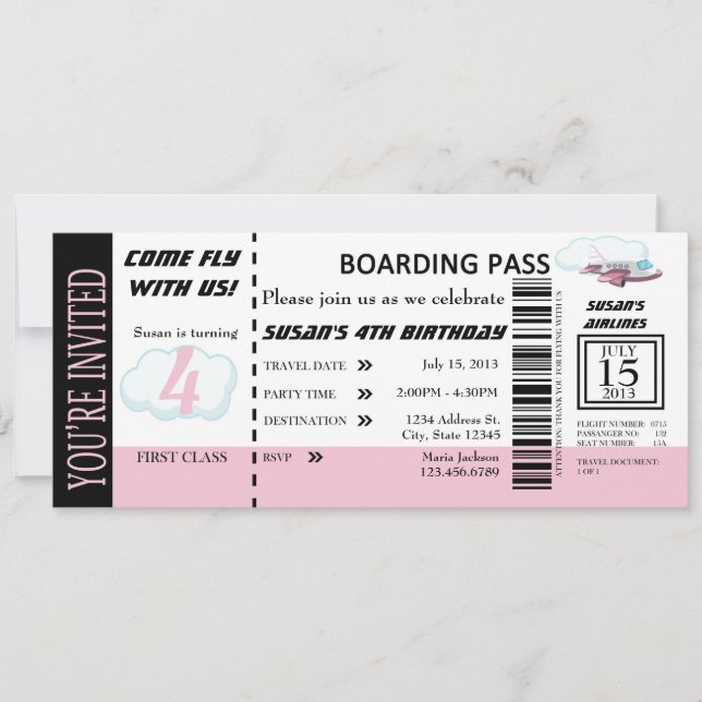 Birthday Girl Flight Ticket Invite Customizable (Front)