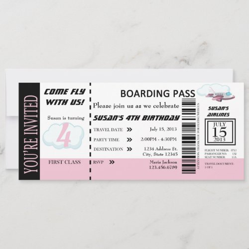 Birthday Girl Flight Ticket Invite Customizable