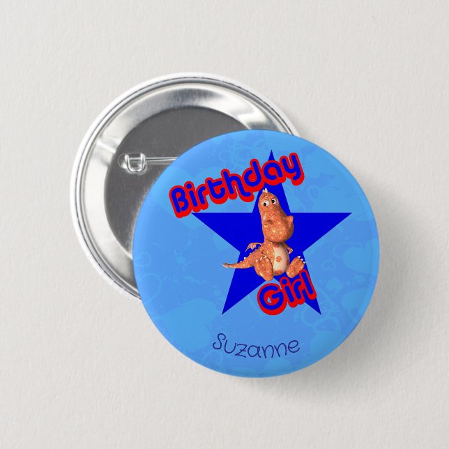 Birthday Girl Friendly Dinosaur Cute Personalized Button (Front & Back)
