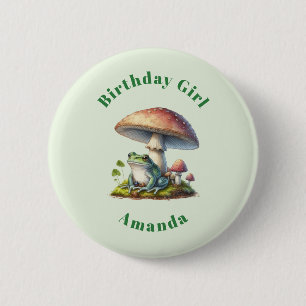 Birthday Girl Frog Under a Mushroom Cute Nature Button