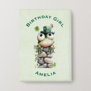 Birthday Girl Frog with Green Hat Cute Button