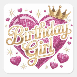 Birthday Girl Glitter Heart Square Sticker