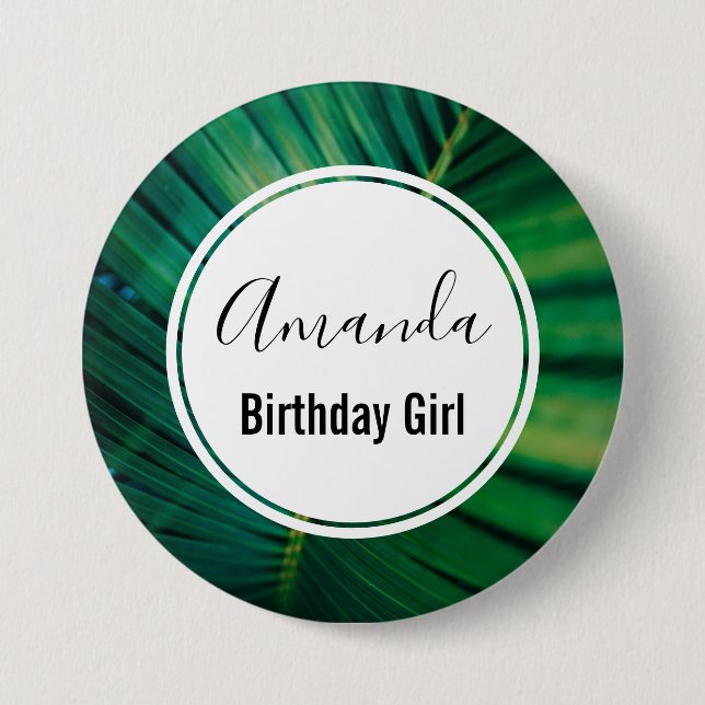 Birthday Girl Green Tropical Leaf Photo Button (Front)