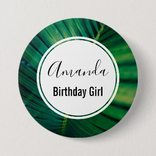 Birthday Girl Green Tropical Leaf Photo Button