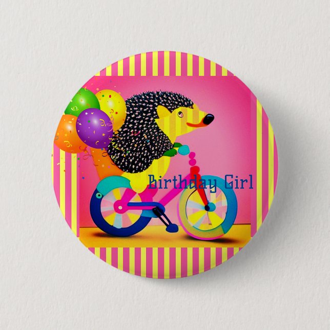Birthday Girl Hedgehog Riding Bicycle Balloons   Button (Front)