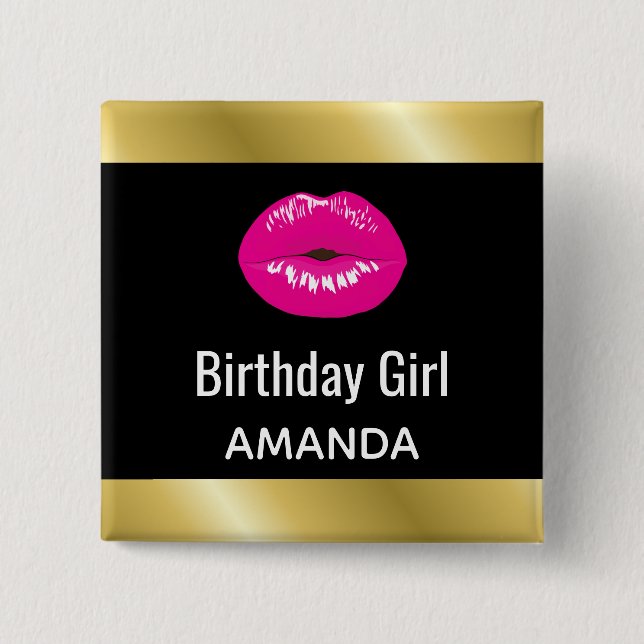 Birthday Girl Hot Pink Lips Glamorous Button (Front)