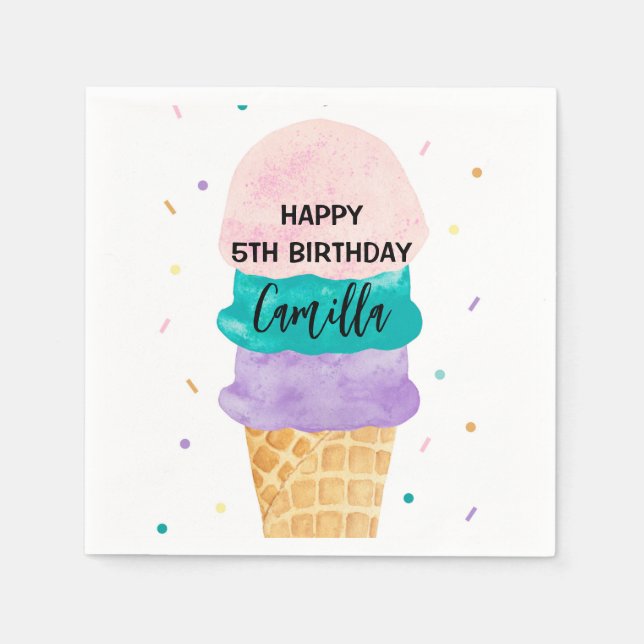 Birthday Girl Ice Cream Cone Party Invitation Napkins (Front)