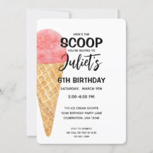 Birthday Girl Ice Cream Cone Pink Party Invitation