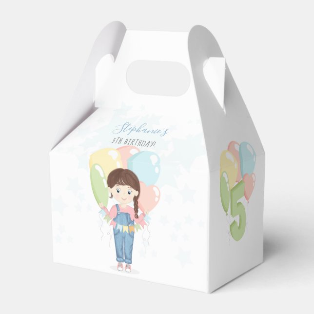 Birthday Girl in Overalls Brunette Favor Boxes (Back Side)