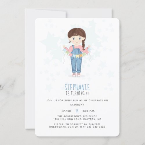 Birthday Girl in Overalls Brunette Invitation