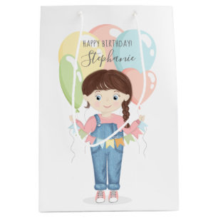 Birthday Girl in Overalls Brunette Medium Gift Bag