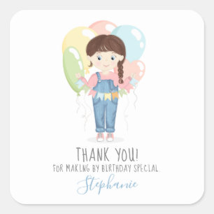 Birthday Girl in Overalls Brunette Square Sticker