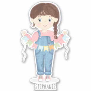 Birthday Girl in Overalls Brunette Sticker