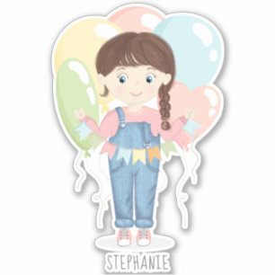 Birthday Girl in Overalls Brunette Sticker