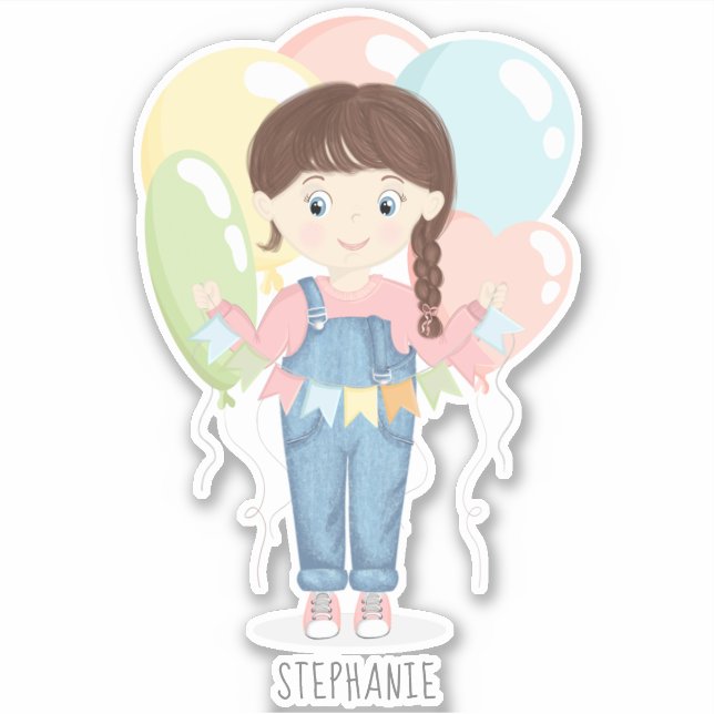 Birthday Girl in Overalls Brunette Sticker (Front)