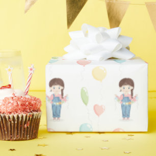 Birthday Girl in Overalls Brunette Wrapping Paper
