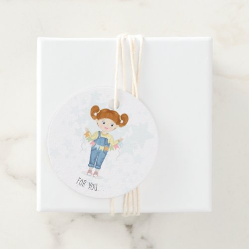 Birthday Girl in Overalls Redhead  Favor Tags