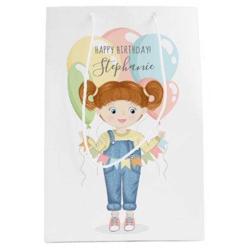 Birthday Girl in Overalls Redhead  Medium Gift Bag