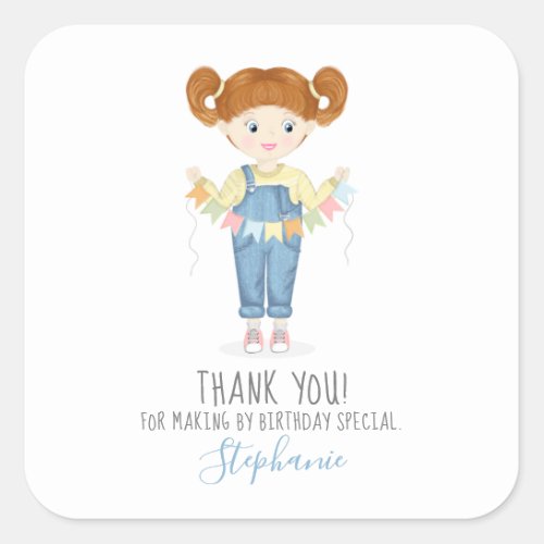 Birthday Girl in Overalls Redhead  Square Sticker