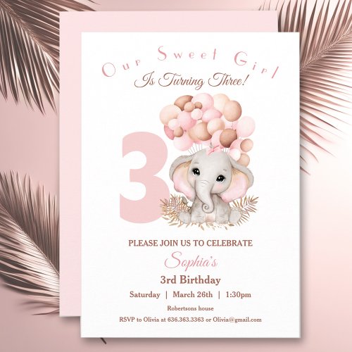 Birthday Girl Invitation Cute Pink Elephant 