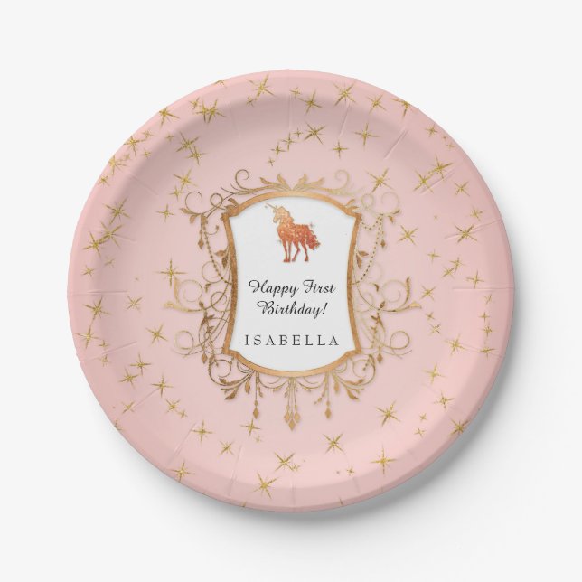 Birthday Girl Magical Unicorn Rose Gold Princess Paper Plates (Front)
