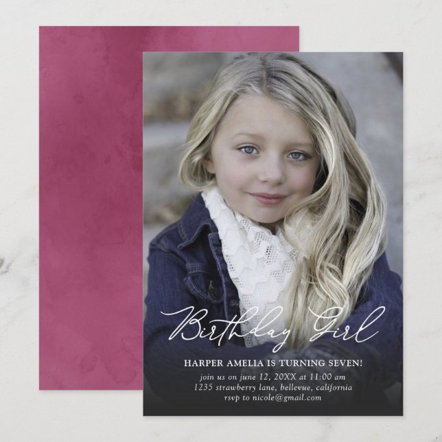 Birthday Girl Modern Calligraphy Birthday Invitation (Front/Back)