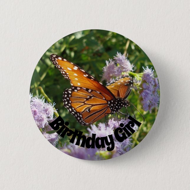 Birthday Girl Monarch Butterfly Photo Floral Button (Front)