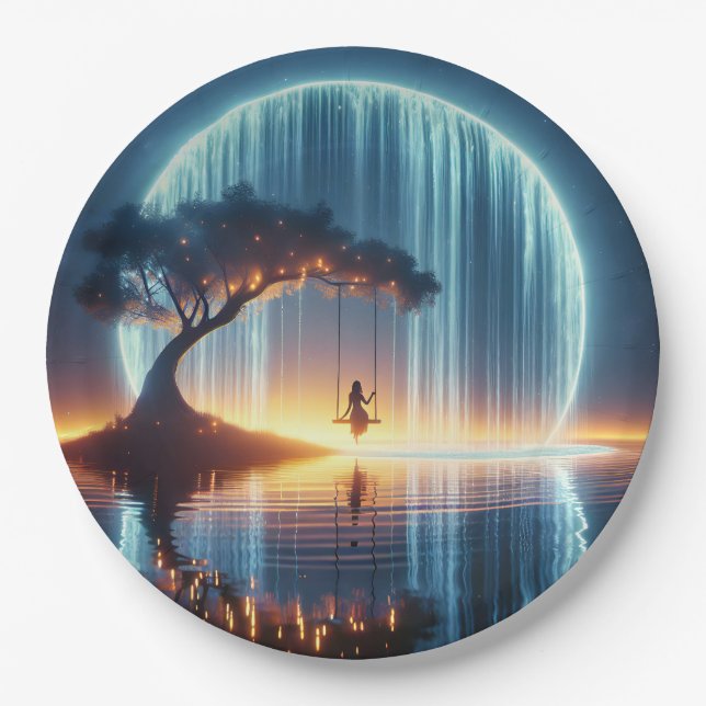 Birthday Girl On Swing In Moon Waterfall Paper Plates (Front)