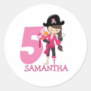 Birthday GIRL ParrotParty Pirate 5th Name Classic Round Sticker
