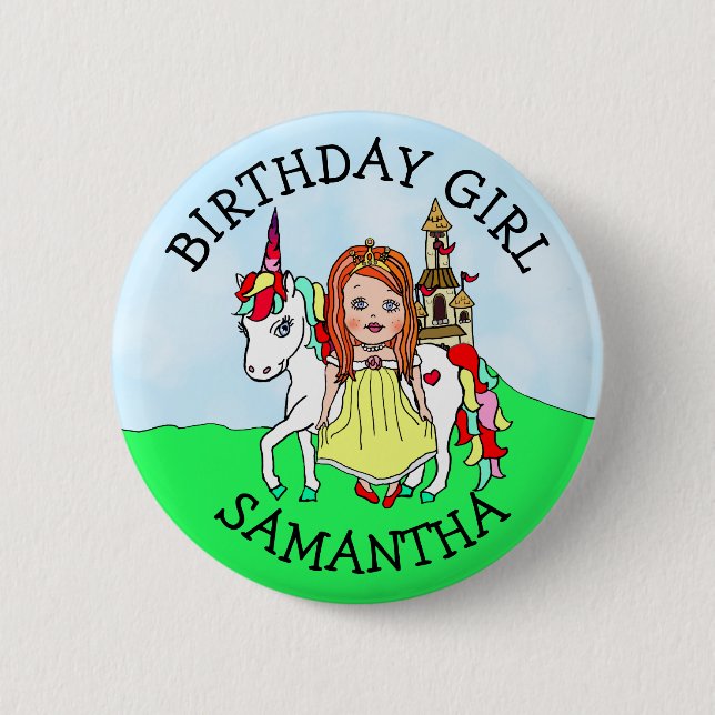 Birthday Girl Personalize Button Princess Unicorn (Front)