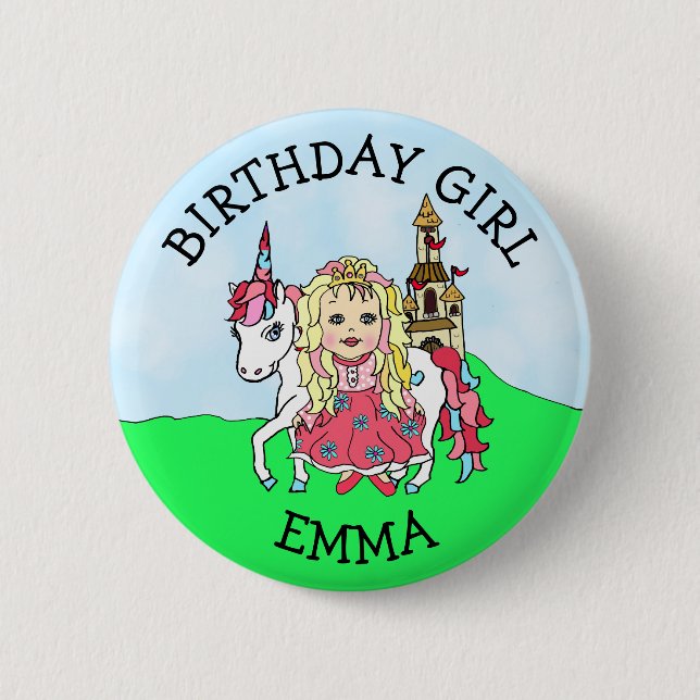 Birthday Girl Personalize Button Princess Unicorn (Front)