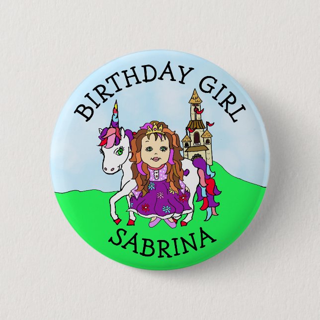 Birthday Girl Personalize Button Princess Unicorn (Front)