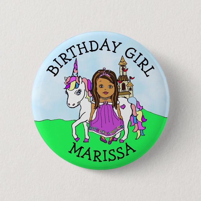 Birthday Girl Personalize Button Princess Unicorn (Front)