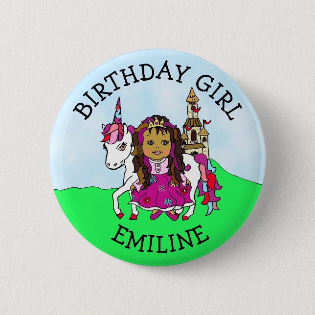 Birthday Girl Personalize Button Princess Unicorn (Front)
