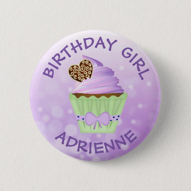 Birthday Girl Personalized Purple Cupcake Button (Front)