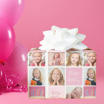 Birthday Girl Photo Collage Template Cute Kids Wrapping Paper<br><div class="desc">Pretty pink wrapping paper with a 6 photo template collage of the birthday girl and her monogrammed name on the cool squares next to a fun birthday cake. Beautiful personalized Happy Birthday gift wrap for a child.</div>