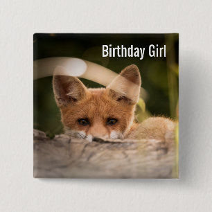 Birthday Girl Photo of a Cute Little Orange Fox Button