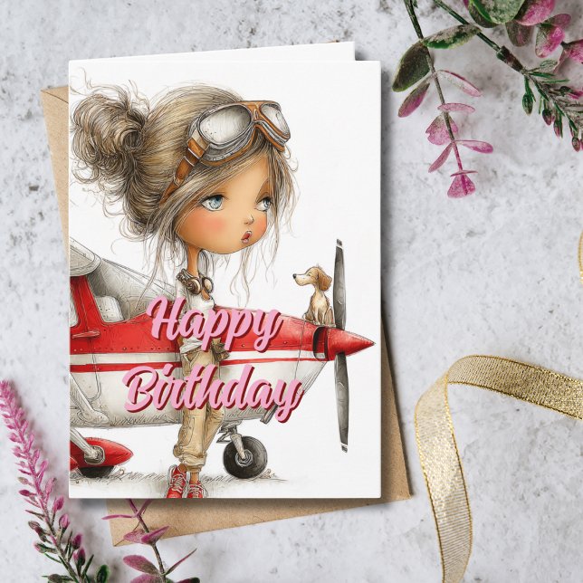 Birthday Girl Pilot Co-pilot dog & Cessna Airplane Card (Creator Uploaded)
