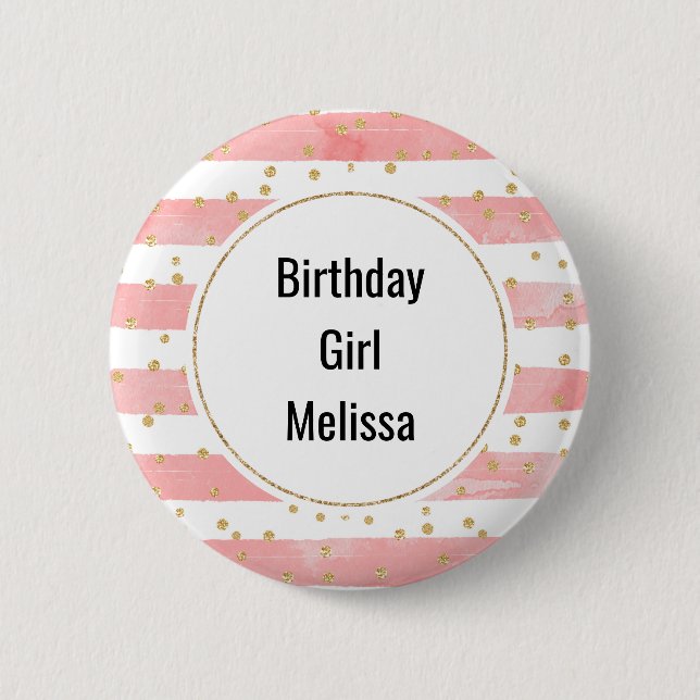 Birthday Girl Pink Blush Stripes | Gold Confetti Button (Front)