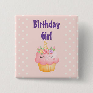 Birthday Girl - Pink Cupcake Unicorn with Roses Button