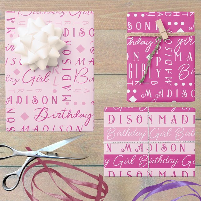 Birthday Girl Pink Cute Add A Name Personalized Wrapping Paper Sheets (Add a name - or three - to this cute pink birthday girl wrapping paper assortment fun for any age)