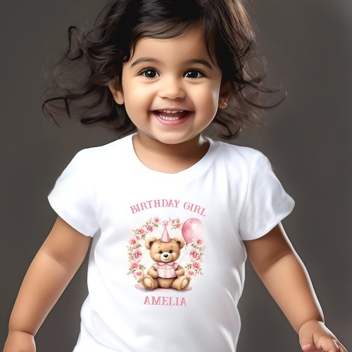 Birthday Girl Pink Cute Bear Floral Name Toddler T_shirt