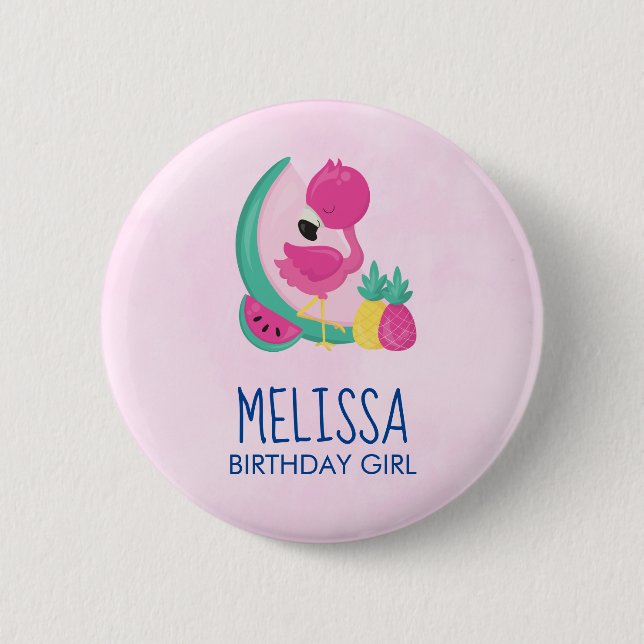 Birthday Girl Pink Flamingo Tropical Fruits Button (Front)