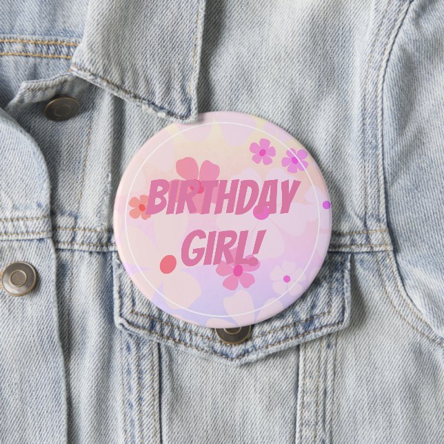 Birthday Girl Pink Flower Power Button (In Situ)