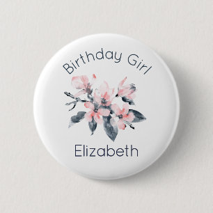 Birthday Girl Pink & Gray Flowers Watercolor Button