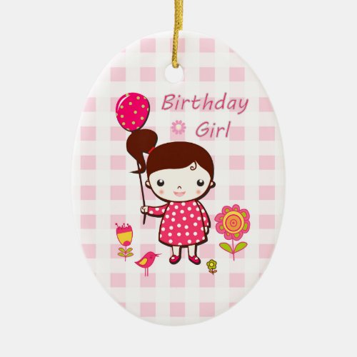 Birthday Girl Pink Pattern Balloon Flower Cartoon Ceramic Ornament