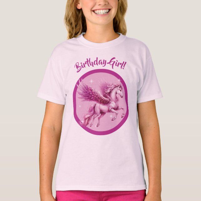 "Birthday Girl!" Pink Pegasus Fantasy Design T-Shirt (Front)