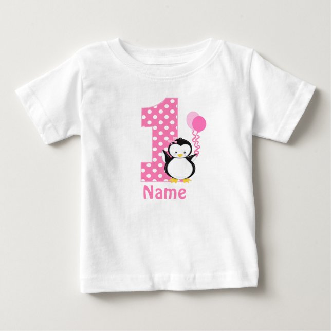Birthday Girl Pink Penguin Personalized Dress Baby T-Shirt (Front)